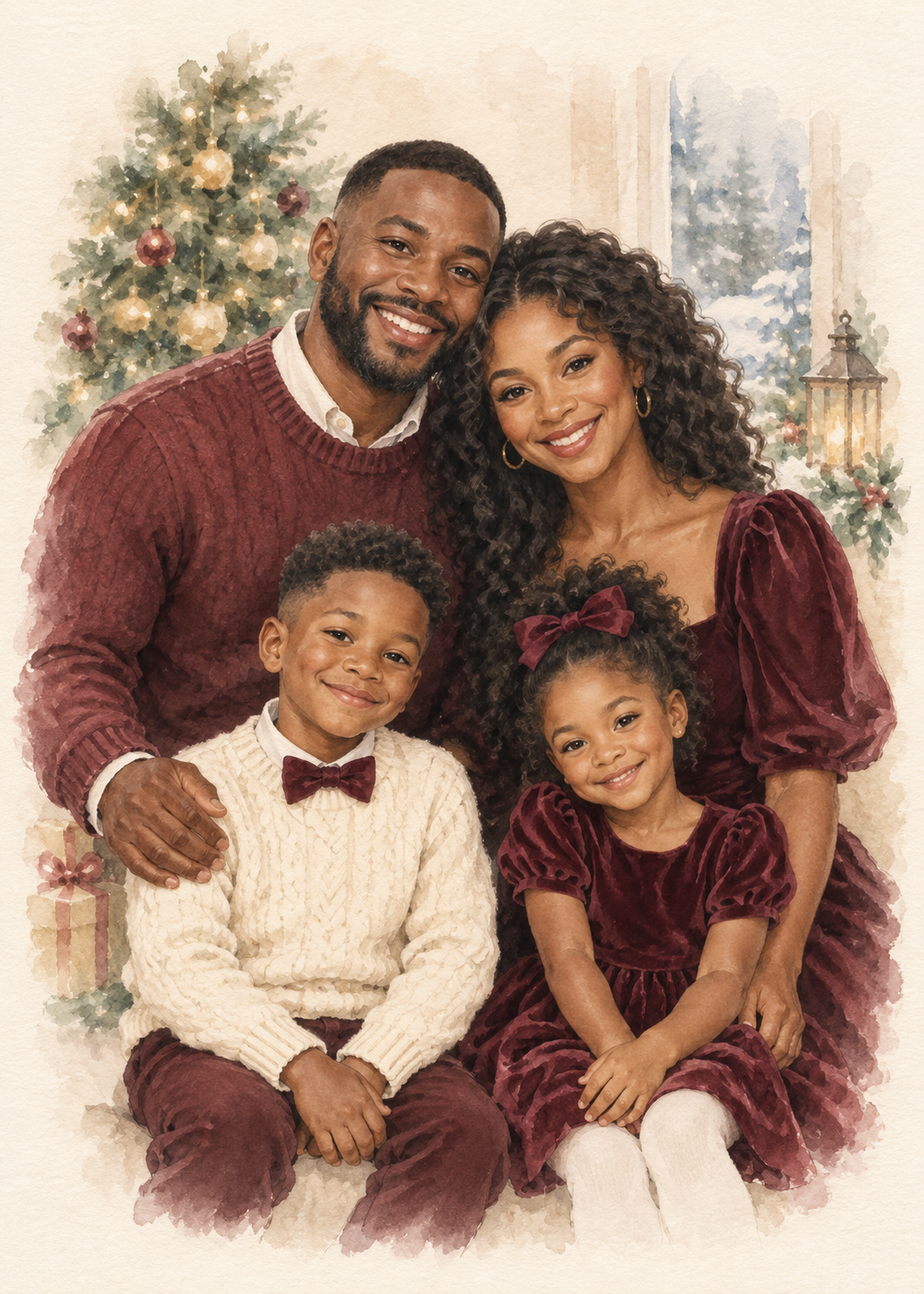 Fictional family illustrated in a watercolor holiday style